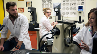 Three students are working at microscopes in a lab. The student on the right is talking while the other two are looking at her. 